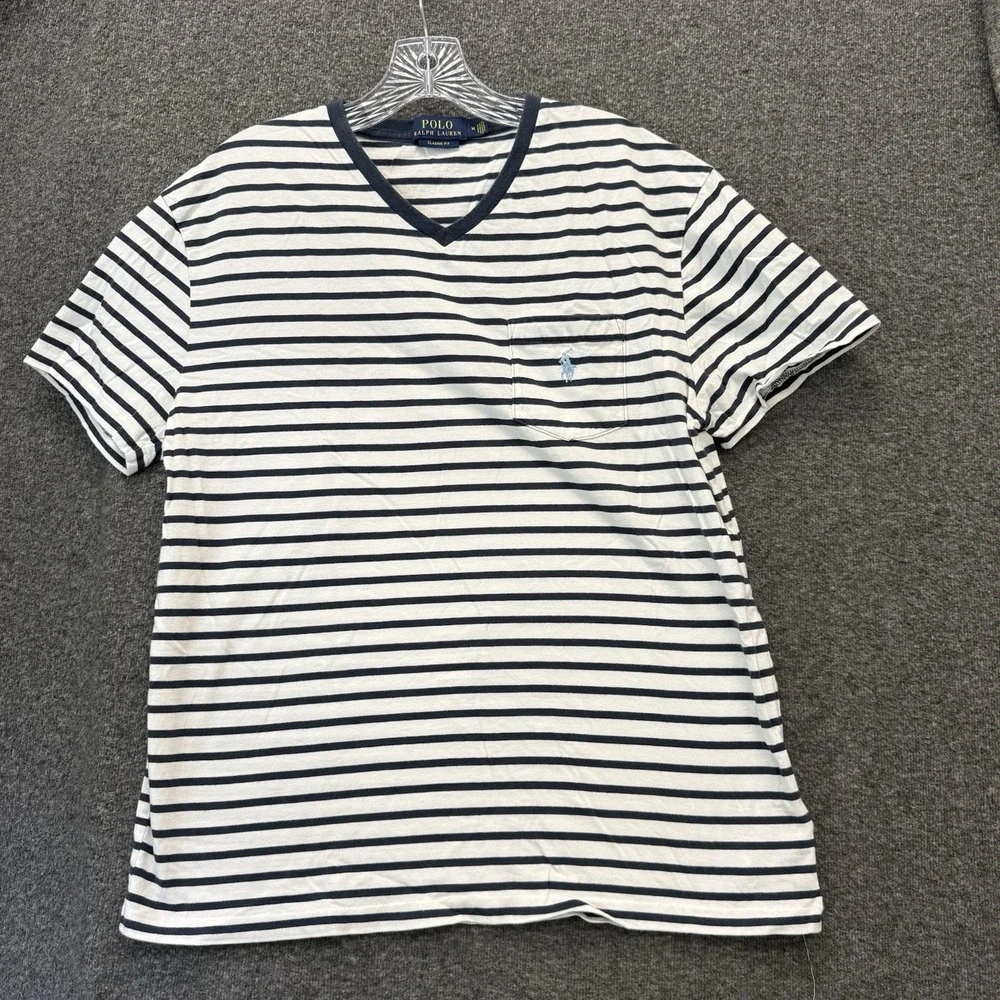 Polo Ralph Lauren Mens Striped V-Neck Pocket Shirt Size Medium Preppy Coastal
